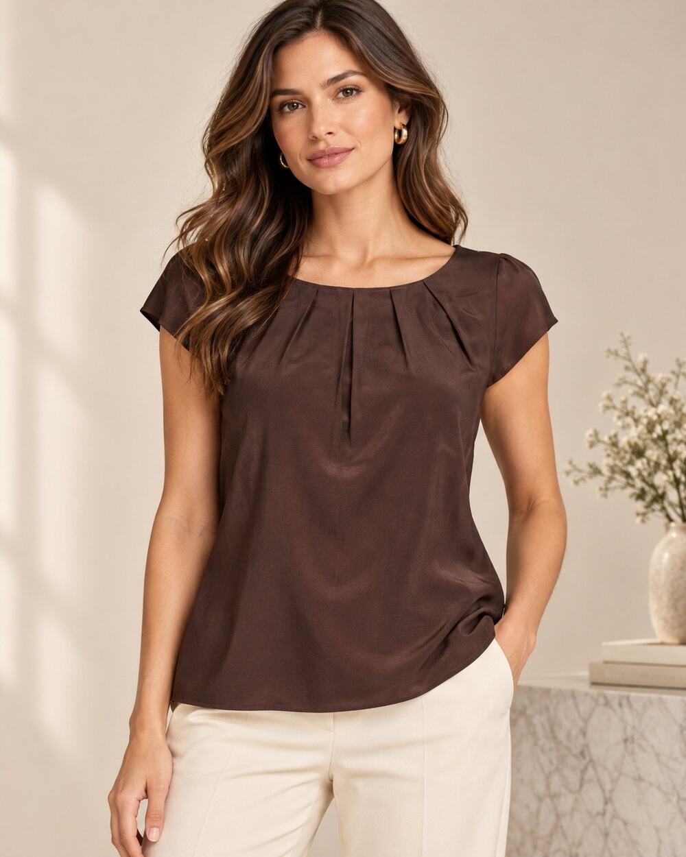 Quiet Luxury Office Siren Chocolate Brown Silk Blend Pleated Blouse Halogen M